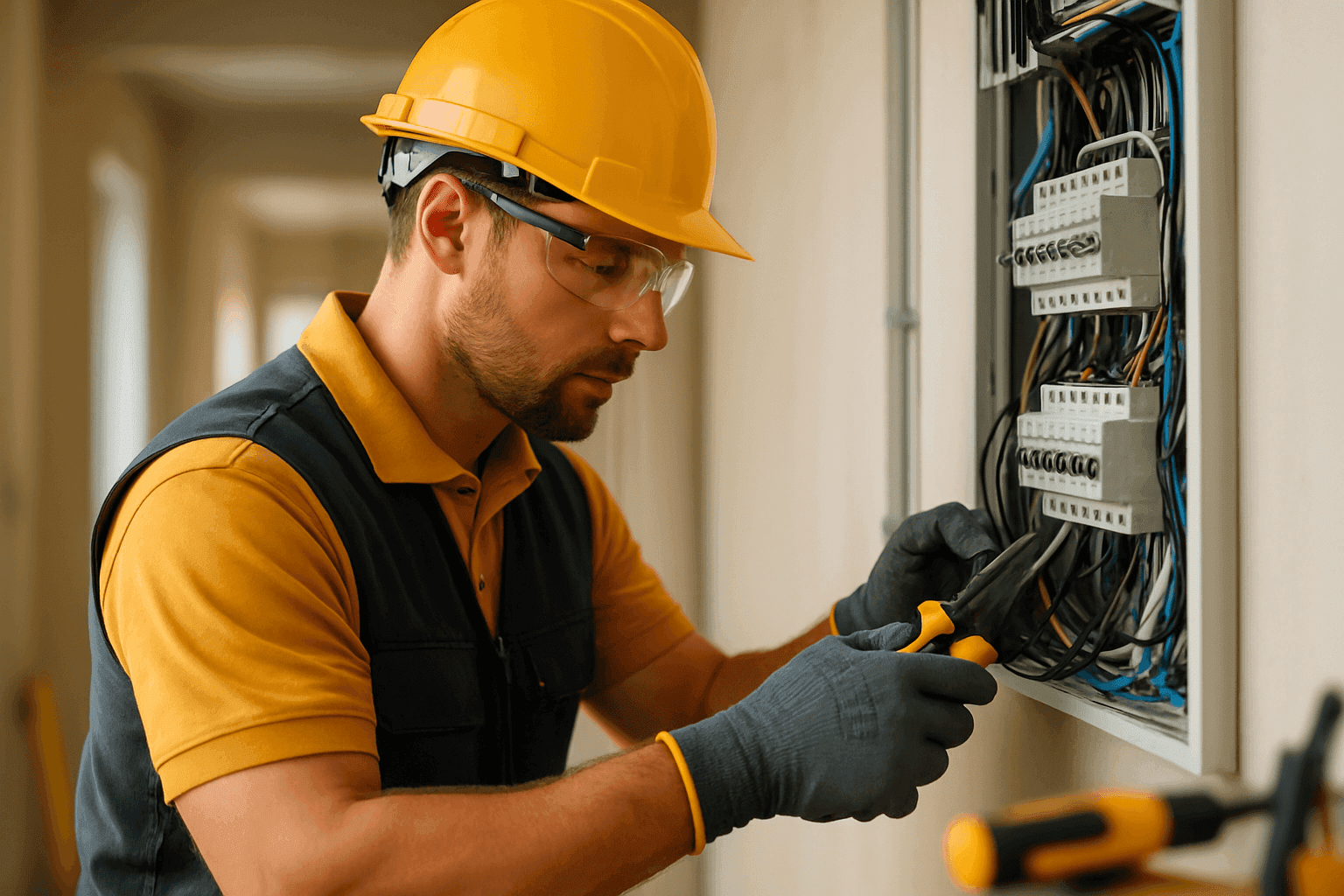 Electrician wearing safety gear inspecting electrical panel at clean residential or commercial site