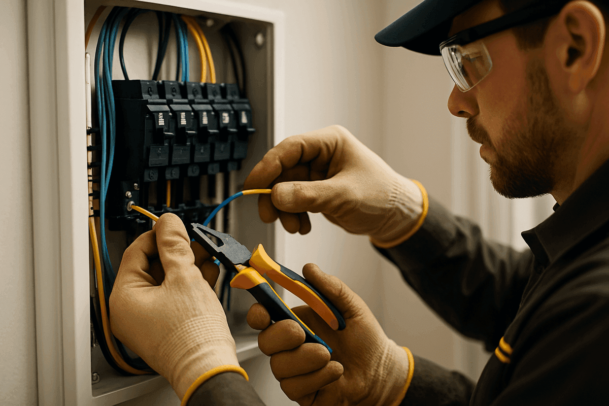 Close-up of electrician's gloved hands connecting wires inside residential electrical panel